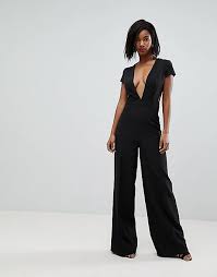 Asos Plunge Neck Jumpsuit With Wide Leg And Open Back Asos