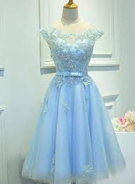 Light Blue Cap Sleeves Tea Length Vintage Style Formal Dress Blue Homecoming Dresses Light Blue Prom Dress Prom Dresses For Teens Blue Homecoming Dresses