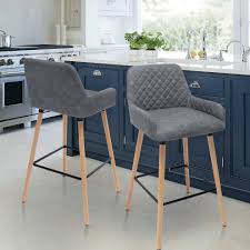 Check spelling or type a new query. Grey Bar Stool Set Of 2 Pu Leather Backrest Armrest Black Solid Beech Legs Counter Breakfast Chairs Kitchen On Onbuy