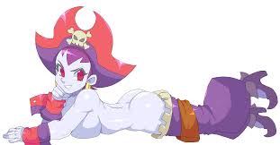 risky boots, shantae (series), absurdres, highres, 1girl, arm support, ass,  breasts, clothes pull, convenient censoring, from side, hat, large breasts,  legs, looking at viewer, lying, no bra, on stomach, pants, pants pull,