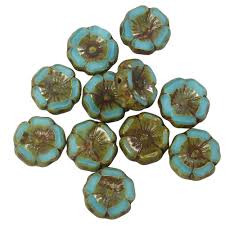 Czech Glass Beads Hibiscus Flower 11mm Turquoise Silk Dark Picasso Beadaholique