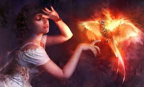 The phoenix is a unique bird that has no mates, nor does it have young ones. Wallpaper Phoenix Bird With Girl Birds Phoenix Firebird Lighting Background Download Free Image