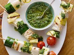 Fish Skewers With Basil Chimichurri Recipe Food Network Recipes Seafood Recipes Chimichurri