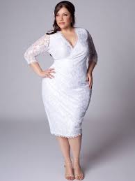 Plus Size White Evening Gowns Plus Size Knee Length V Neck Half Sleeves White Appliqued Lace Sheath Vestido De Noivas Para Gordas Vestidos Vestido De Noiva