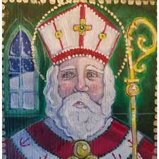 Saint Nicholas Christmas Painting Mixed Media Watercolor and Pen Simple  Faceless Art 8x10 and 4x6 Inch Sizes