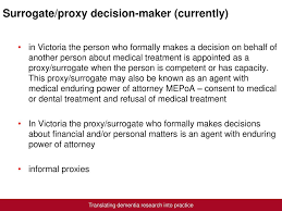 A health care surrogacy designation authorizes chosen persons to make health care decisions on their behalf if they are unable. Supporting The Proxy Who Decides On Behalf Of A Person With Dementia Ppt Download