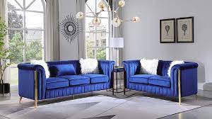 The royal blue apartment sized sectional. Moderno Terciopelo Azul Real 2pc Salon Sofa Conjunto Patas De Oro Y 5 Almohadas De Acento Ebay
