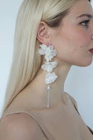 Fabric Flower Earrings for Bride, Boho Asymmetrical Flower Earrings,  Chiffon Botanical Silk Earring, white Large Earrings,