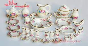 Free Shipping Porcelain Rose Tea Dinner Set Lots Of 40pcs Dining Dish Plate 1 12 Scale Dollhouse Miniature Furnit Toy Tea Set Miniature Tea Set Mini Tea Set