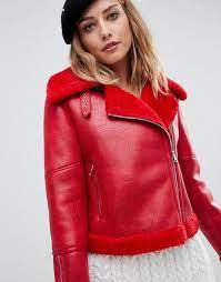 Woman S Red Winter Aviator Bomber Fur Collar Faux Leather Jacket Coats Jackets Kapyushony