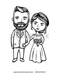 Hipster Groom With Mustache Beard With Bride Doodle Vector Illustration Hand Drawn Cartoon Character Wedding Of Bea Beard Cartoon Hipster Groom Cartoon Man