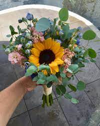 Handheld Sunflower Bouquet With Blush Stock Silver Dollar Eucalyptus Gardenbouquets Sun Sunflower Bouquets Beautiful Wedding Flowers Blue Sunflower Wedding