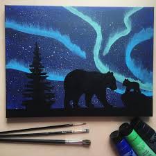 Bear Silhouette Painting Mother And Baby Bear Northern Lights Aurora Borealis Tree Northern Lights Painting Sillouette Art Bear Paintings