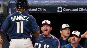 Jose Ramirez celebrates reaching 1000 career RBIs with the Cleveland Guardians