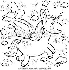 Niedliches Einhorn Fliegt In Den Nachthimmel Vector Schwarz Und Weiss Farbig Ein Susses Einhorn Das Mit Mond Sternen Und Canstock