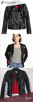 H M Biker Jacket Nwt Faux Leather With Quilted Shoulder Red Lining Us 6 H M Jackets Coats Fashion Clothes Design H M Jackets