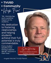 🖐️ Last week's Community High Five was Dave Hinrichs, TMS Science Teacher.  🙌 "His dedication to fostering relationships and helping students achieve  their full potential is truly commendable." 🤗 #tvusdcommunityhighfive  #tvusdelevates