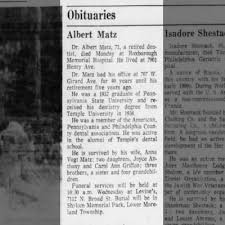 Obituary dentist Albert Matz Oct 25, 1978 Philadelphia Inquirer p.46