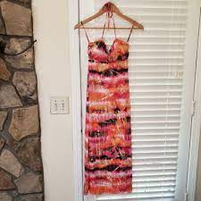 Eien Apparel Pink Orange Black Gold Splash Halter Midi Dress Size S | eBay
