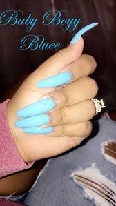 All of the nails have a same color and is easy to creat. Baby Blue Long Coffin Nails Nailstip