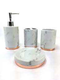 Check spelling or type a new query. Wpm 4 Piece Bathroom Accessory Set Marble Look With Rose Gold Trim French Provincial Bath Gift Set Includes Liquid Soap Lotion Dispenser Toothbrush Holder Tumbler And Soap Dish Walmart Com Walmart Com