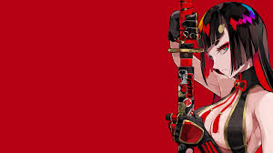 Snow white with the red hair. Wallpaper Anime Girls Original Characters Looking At Viewer Dark Hair Colorful Profile Gloves Katana Weapon Cleavage Sideboob Red Background Simple Background Artwork Digital Art Drawing 2d Illustration Lam 2667x1500 Valentino0429