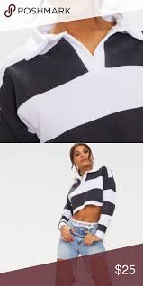 Black And White Striped Long Sleeve Polo Shirt Pretty Little Thing Stripe Cropped Polo Size 4 Black Long Sleeve Crop Top Crop Top Fashion Clothes Design