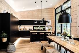 Black Log Home Into A Rural Setting Honka Modern Cabin Interior Log Home Kitchens Modern Cabin