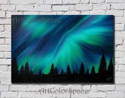 Use chalk pastel to draw squiggly lines with wide horizontal sweeps from the bottom corner of the blue. Oil Painting On Canvas Northern Lights Painting Aurora Borealis Starry Night Northern Lights Art Art Painting Oil Northern Lights Painting