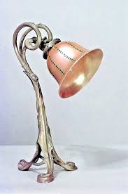 French Art Nouveau Bronze Table Lamp With A Double Scroll Top Supporting An Amber Striped Glass Shade And Art Nouveau Lighting Bronze Table Lamp Art Deco Lamps