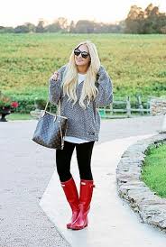 Woman Wearing Red Hunter Boots Rainboots Outfit Red Hunter Boots Red Rain Boots Outfit