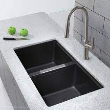 Kraus Undermount Granite Composite 33 In 50 50 Double Basin Kitchen Sink Kit In Black Kgu 434b The Home Depot In 2021 Undermount Kitchen Sinks Sink Double Basin Kitchen Sink
