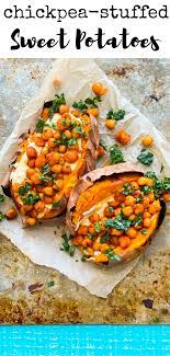 Easy Chickpea Stuffed Sweet Potatoes Healthyhappylife Com Recipe Sweet Potato Recipes Sweet Potato Chickpea