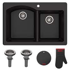 Matte black kitchen faucet with pull down sprayer for kitchen sinks with cover. 33 Drop In Undermount Granite 60 40 Double Bowl Kitchen Sink In Black