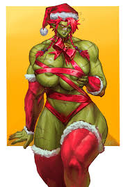 virgoart, cassandra (virgoart), original, highres, 1girl, areola slip,  bdsm, blush, bound, breasts, christmas, collar, colored skin, detached  sleeves, female orc, green skin, hat, huge breasts, looking at viewer,  muscular, muscular female, naked