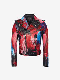 Shop Men S Black Multicolor Painter S Palette Leather Biker Jacket From The Official Online St Celebrities Leather Jacket Leather Jacket Painted Leather Jacket