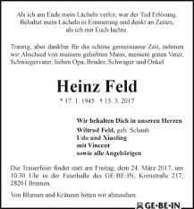 Traueranzeige Von Heinz Feld Traueranzeigen Trauer Spruche Trauer