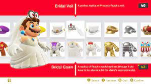 Here is wedding dress mario in all of it's glory! Super Mario Odyssey Bridal Outfit Description Jpn Vs Eng Kantopia