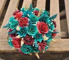 Flowers made of satin ribbon, decorated with jewelry. Teal And Maroon Wood Wedding Bouquet Teal Wedding Flowers Teal And Grey Wedding Teal Wedding Bouquet