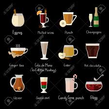 Champain christmas beverages / mock champagne non alcoholic oh so delicioso : Flat Icons Of Traditional Christmas Drinks And Cocktails On Black Background With Names Of Beverages Royalty Free Cliparts Vectors And Stock Illustration Image 65551651