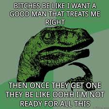Bitches Be Like I Want A Good Man That Treats Me Right Then Once They Get One They Be Like Oohh I M Not Ready For All This Philosoraptor Quickmeme