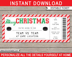 Christmas Hockey Ticket Gift Voucher Printable Hockey Ticket Template Gift Certificate Template Personalized Holiday Christmas Gift Card
