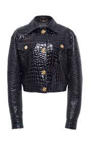 Versace Fw19 Cropped Black Crocodile Embossed Leather Jacket 4 395 Fashion Leather Jacket Versace