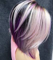 You will definitely find your next blonde hair color, if you are considering to dye your short hair. Layered Black Blonde And Purple Bob Medium Layered Haircuts Medium Length Hair Styles Hair Styles
