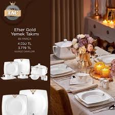 Tac Efser Gold 85 Parca Bone Collection Yemek Takimi In 2020 Table Settings Table Decorations Decor