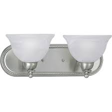 Well, why not look at menards light fixtures then? Progress Lighting Avalon Collection 2 Light Brushed Nickel Alabaster Glass Traditional Bath Vanity Light P3267 09 The Home Depot