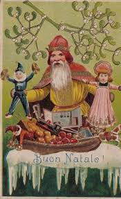 Augurale Buon Natale Con Babbo Natale E Tutta La Compagnia E Vischio A Rilievo Vintage Postcards Vintage Christmas Christmas Images