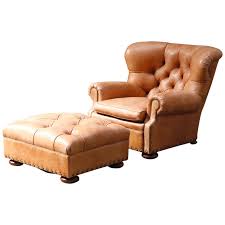 French hand woven leather ottoman. Ralph Lauren Leather And Mahogany Writer S Winged Club Chair And Ottoman Signed At 1stdibs