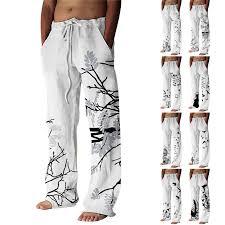 Mens Fashion Casual Small Printing Cotton And Linen Printed Linen Tech  Pants Men | eBay
