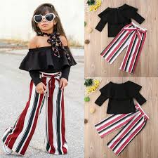 Toddler Baby Girls Off Shoulder Tops Blouse Striped Long Pants Outfits Clothes Stripe Pants Outfit Kids Outfits Girls Long Pants Outfit